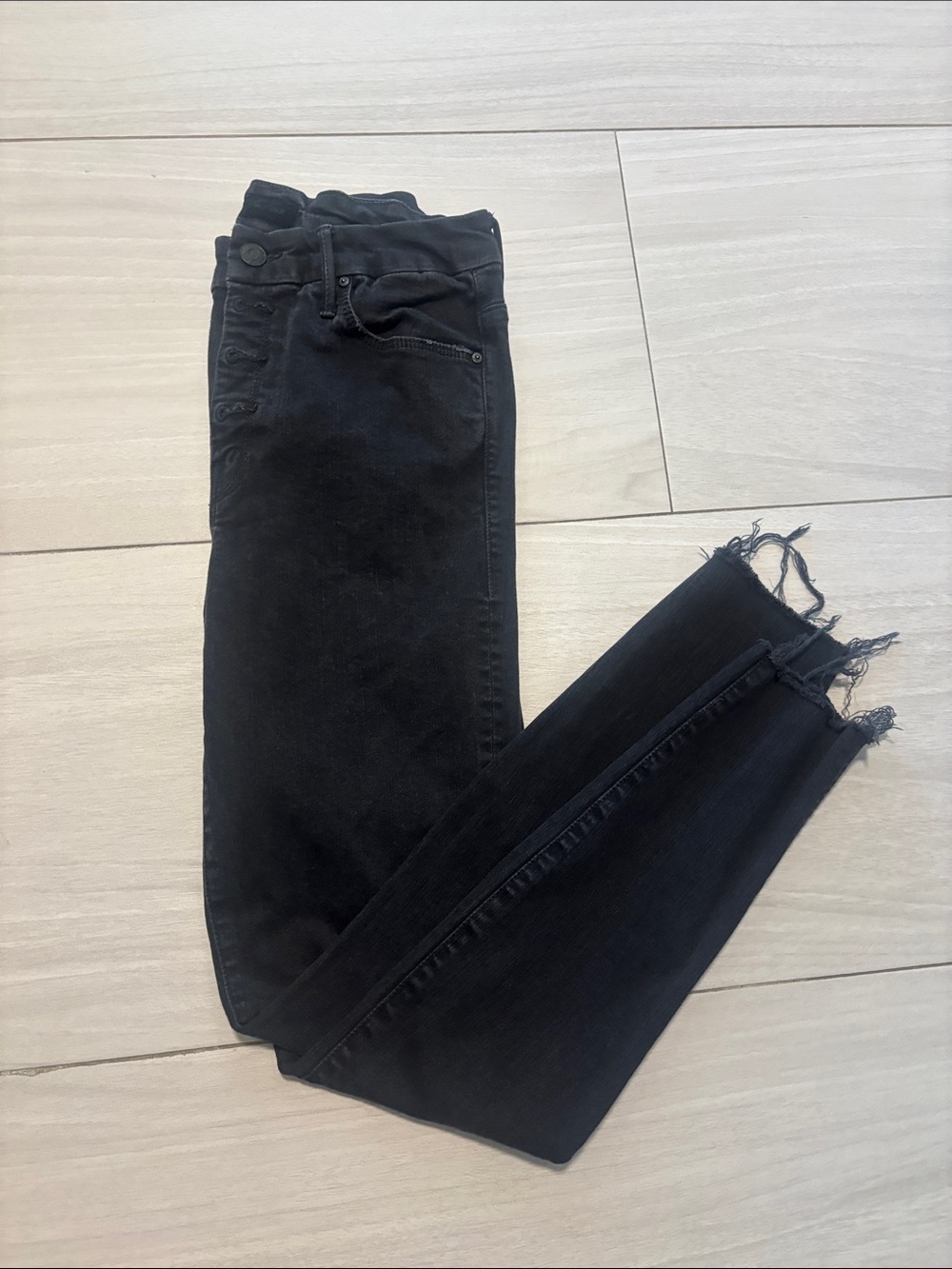 MOTHER Black Skinny Jeans with Frayed Ankles